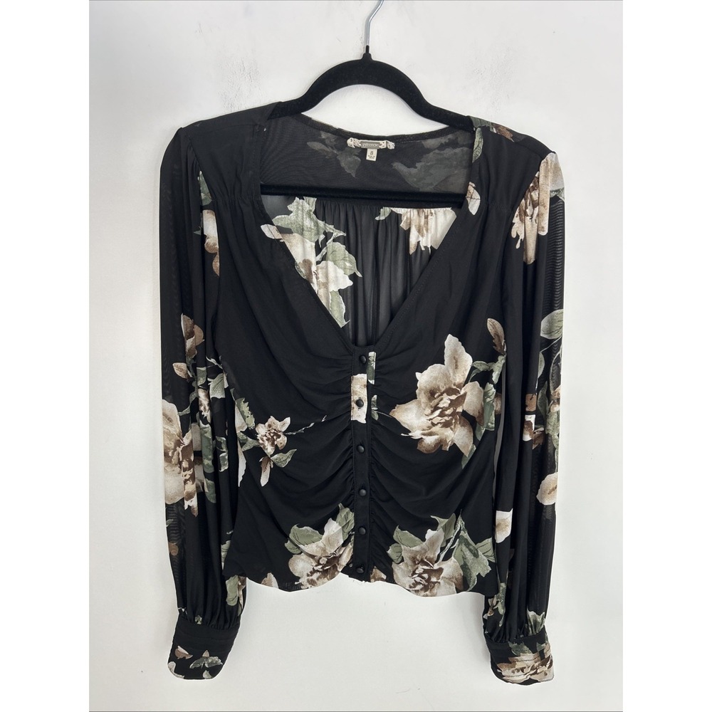 Gimmicks‎ By BLE Women S Long Sleeve Black Sheer Floral Button Up V-Neck Blouse